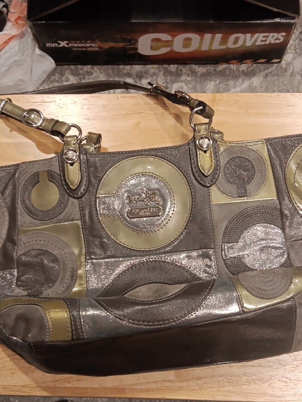 Coach Mia Mixed Media Patchwork Tote Metallic Silver Grey Leather Handbag